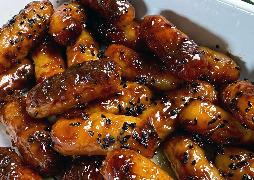 roasted sausages finished in a sweet chilli glaze