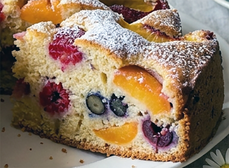 wedge of Italian fruit salad cake removed from the main cake