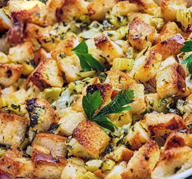 traditional bread and celery stuffing in a baking dish
