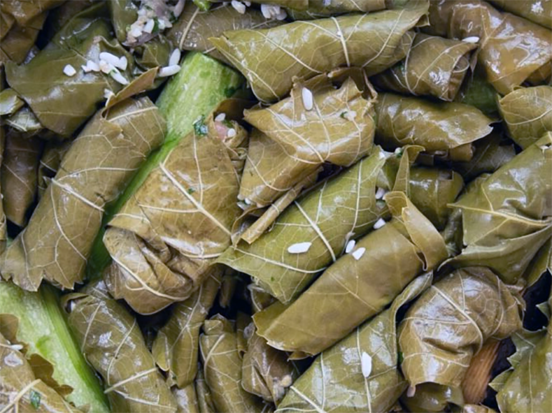 stuffed vine leaves arranged in a serving dish