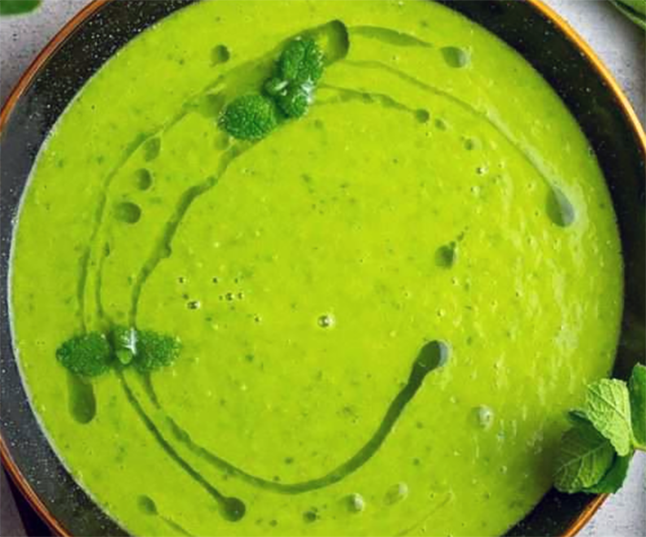 green soup made from a blend of wild carrot flesh, wild carrot greens and water mint served in a bowl