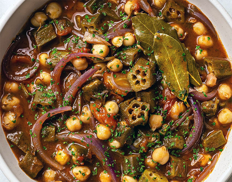 bamiya, Armenian okra stew in a white bowl