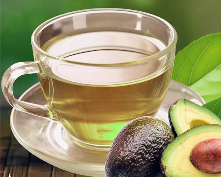 avocado leaf tea in a cup decorated with split avocados and avocado leaf