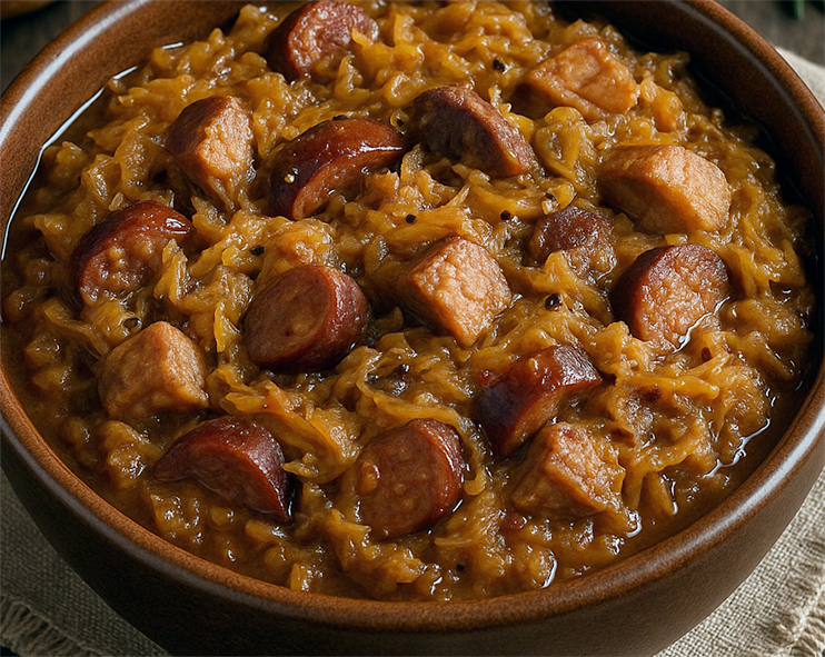 bigos in an earthenware bowl topped with sausage