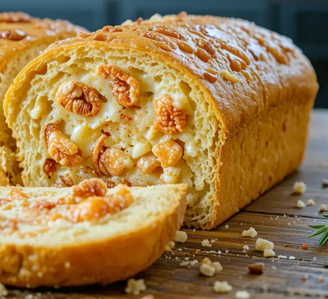 Cajun loaf of bread containing crawfish in the batter shown with a slice removed to reveal the inside