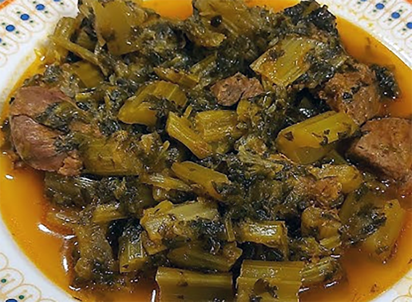 lamb and celery stew served on a plate