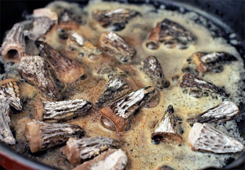 floured morel mushroom caps fried in butter in a frying pan