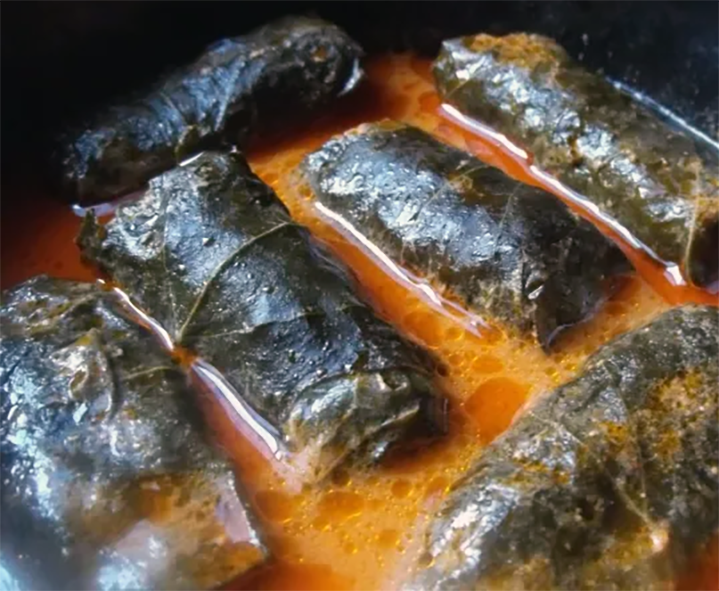 vine leaf tolmas cooked in tomato sauce