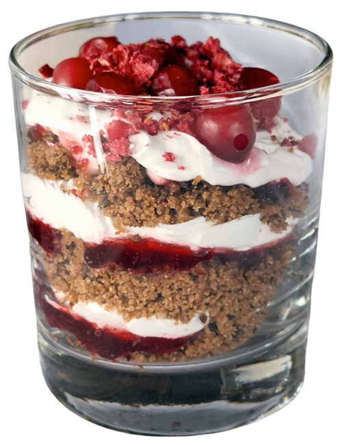 Rupjmaizes Kārtojums, Latvian Layered Rye Bread trifle garnished with fruit and served in a glass