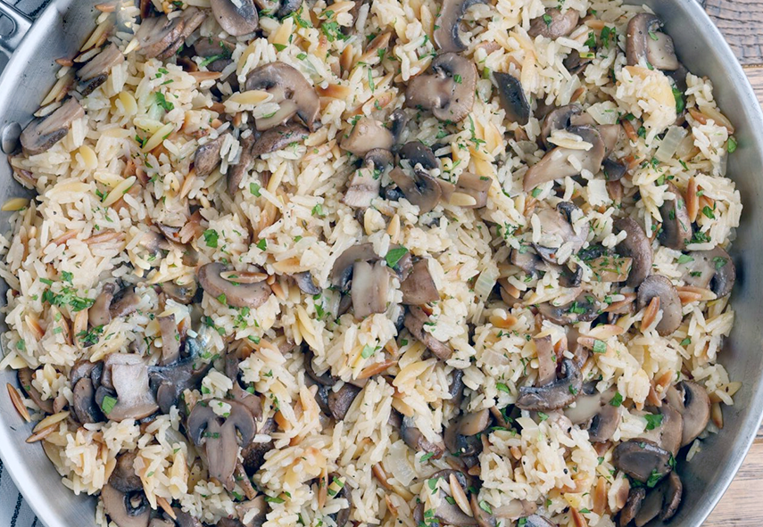 mushroom rice pilaf in a large pan