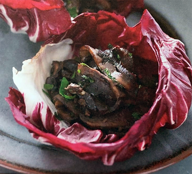 radicchio leaf with a filling of fried field mushrooms with anchovies and parsley