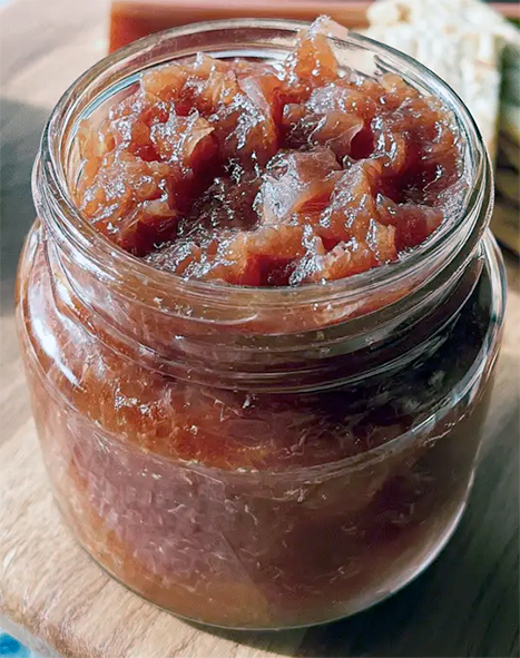 rhubarb relish in an opened glass jar