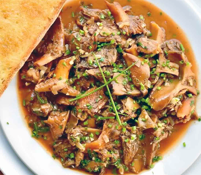 fricassee of saffron milk cap mushrooms served in a white bowl with a herb garnish and a slice of toasted bread in the left corner