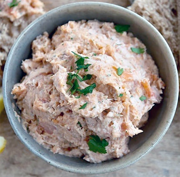 smoked trout pate in an earthenware ramekin