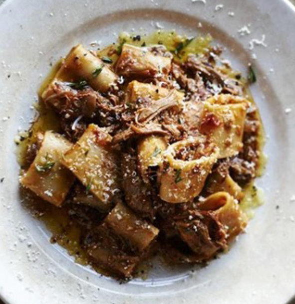 venetian duck ragu with paccheri pasta served on a plate with a garnish of parmesan cheese