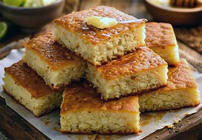 pile of bahamanian johnny cake squares on a wooden board