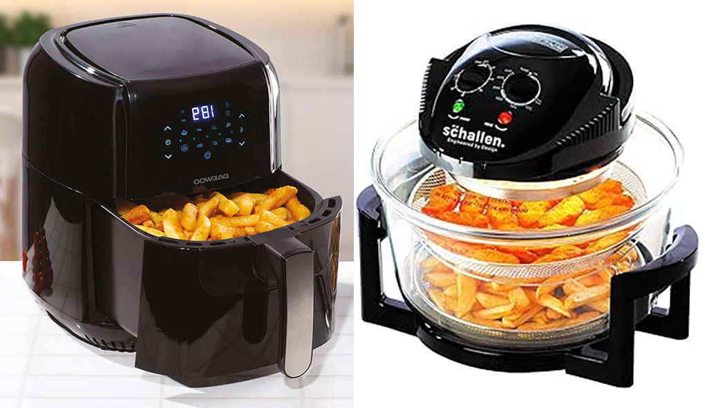 Air fryers, basket type (left) and halogen (right).