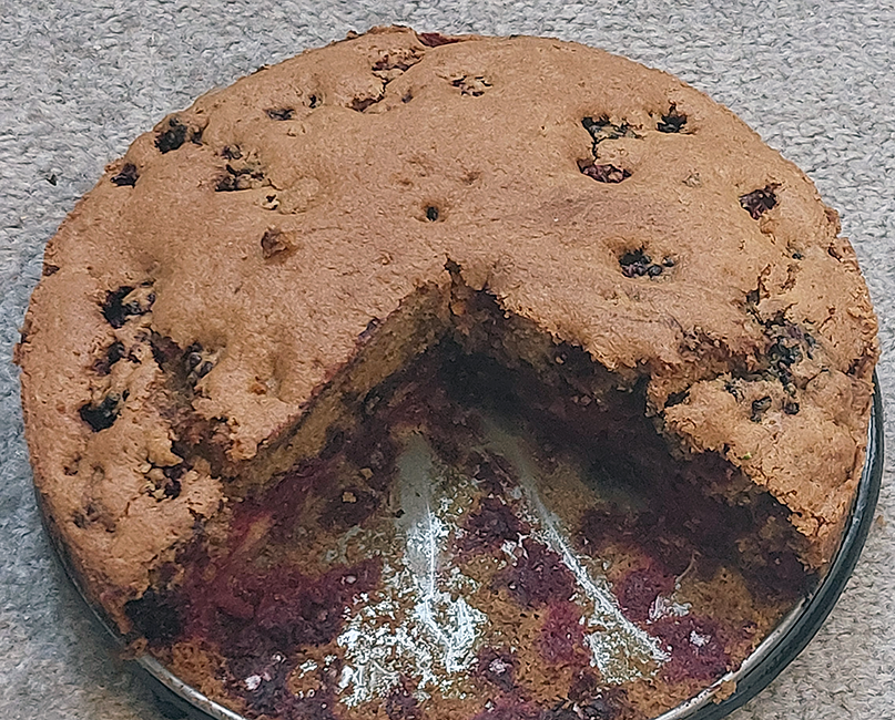 blackberry snacking cake on a trivet with a triangle removed to reveal the centre