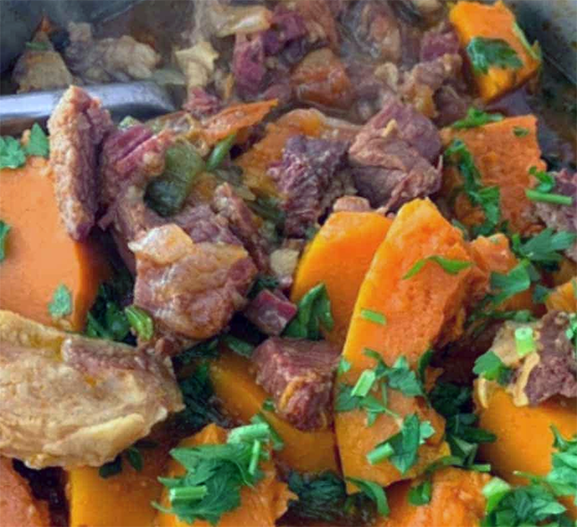 stew of dried beef and pumpkin served in a dish