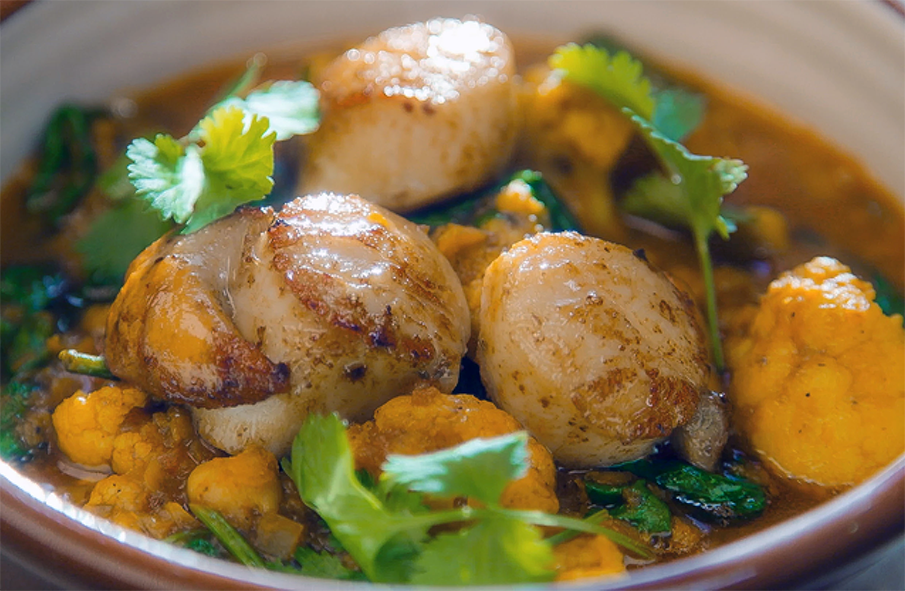 golden cauliflower and red lentil curry in a bowl served garnished with scallops and coriander leaves