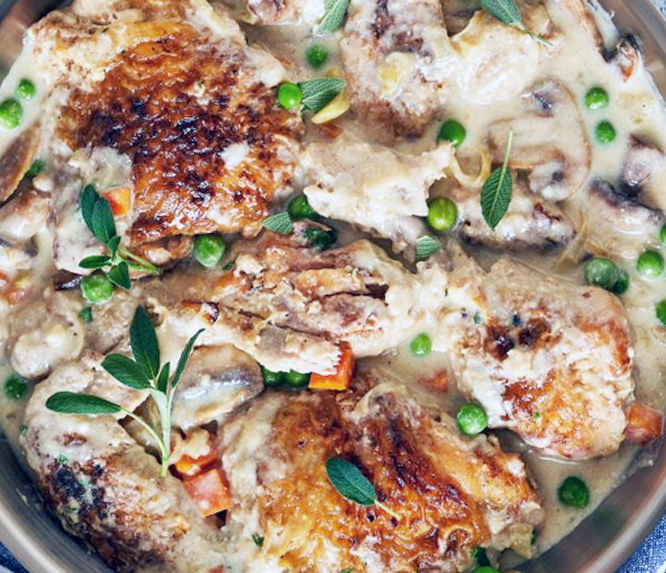Chicken fricassee, chicken cooked in a white sauce