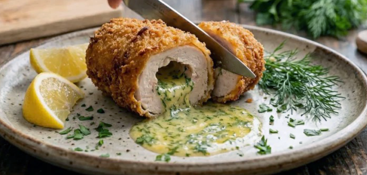 chicken Kyiv split open with a knife to reveal the melted butter, herb and garlic inside