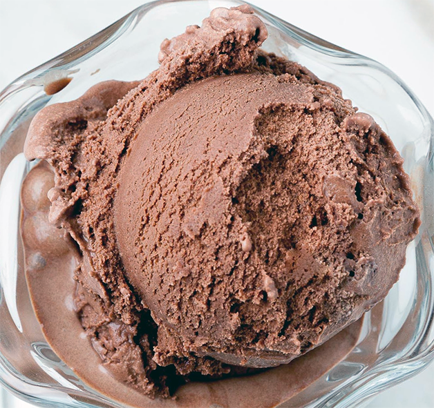 scoop of chocolate microwave ice cream in a glass bowl