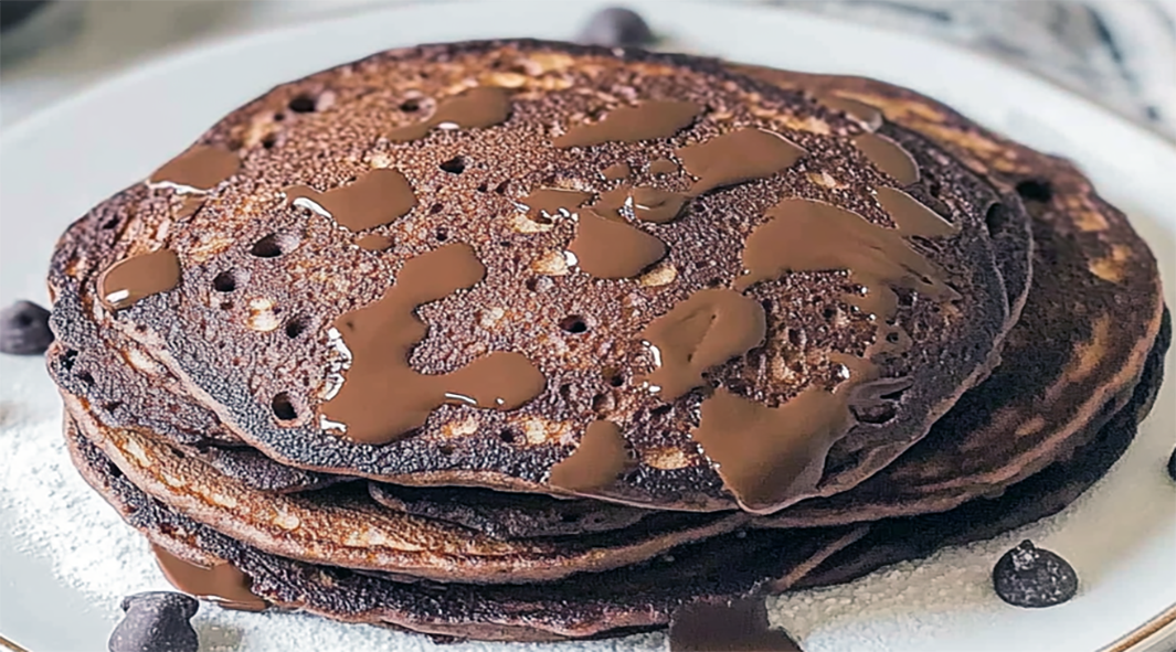 chocolate pancakes served drizzled with chocolate sauce