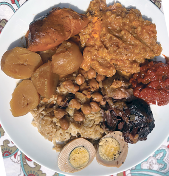 Cholent dafina, sabbath stew, served on a plate