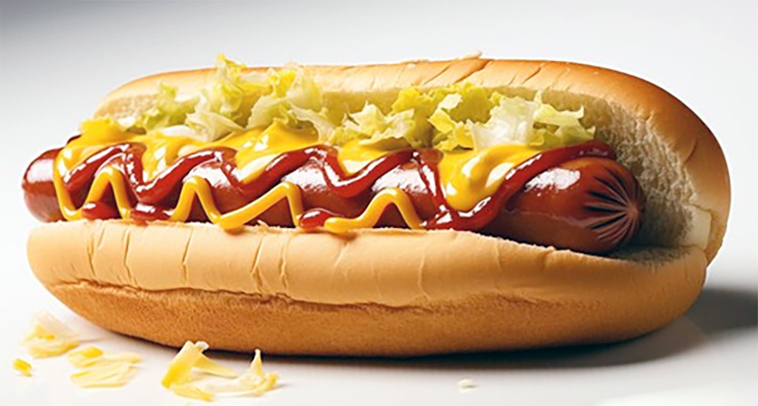 classic American hot dog in a bun with pickle relish and a topping of yellow mustard and ketchup