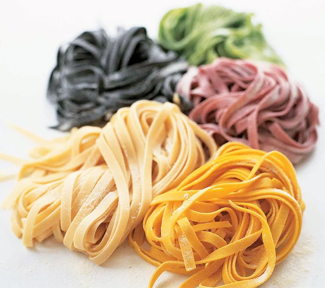 home made pasta in a range of different colours
