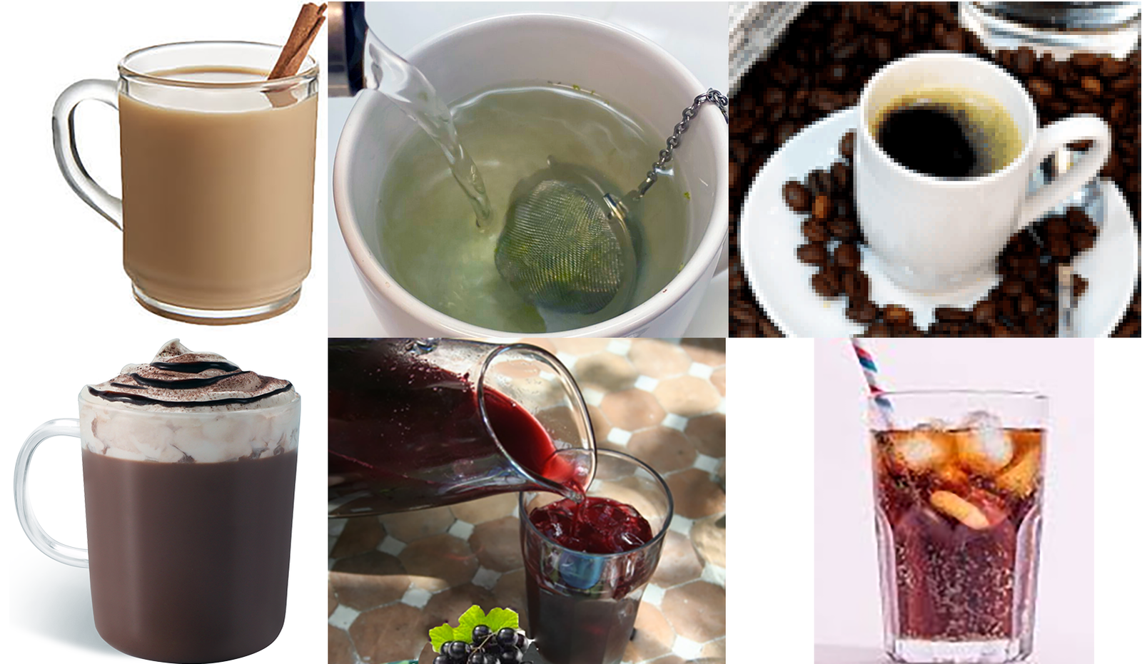 Six common beverages.