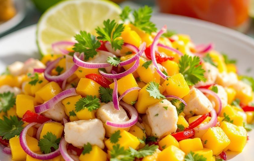 salad of conch meat, mango onoin and coriander served on a plate