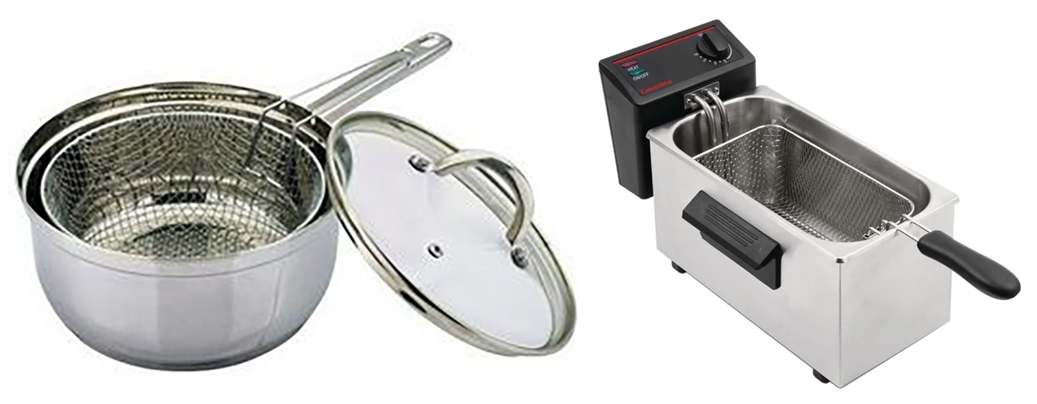 Deep fryers, traditional chip pan (left) and electric deep fryer (right).