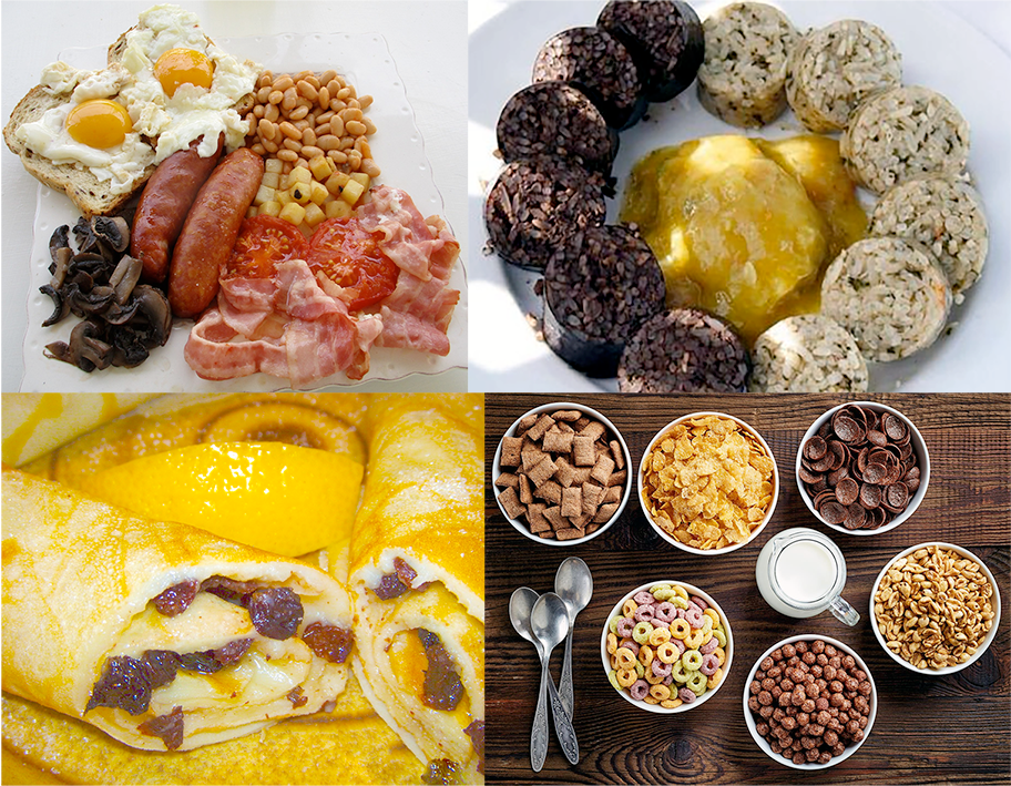 Breakfasts: full English, Guyana black/white pudding mango sour, Welsh pancakes, breakfast cereals.