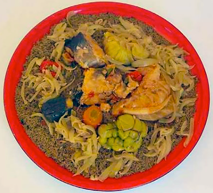 stew mixed vegetables served on a bed of fonio blended with okra 