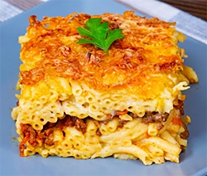 Two sequares of firin makarna served one on top of the other on a blue plate