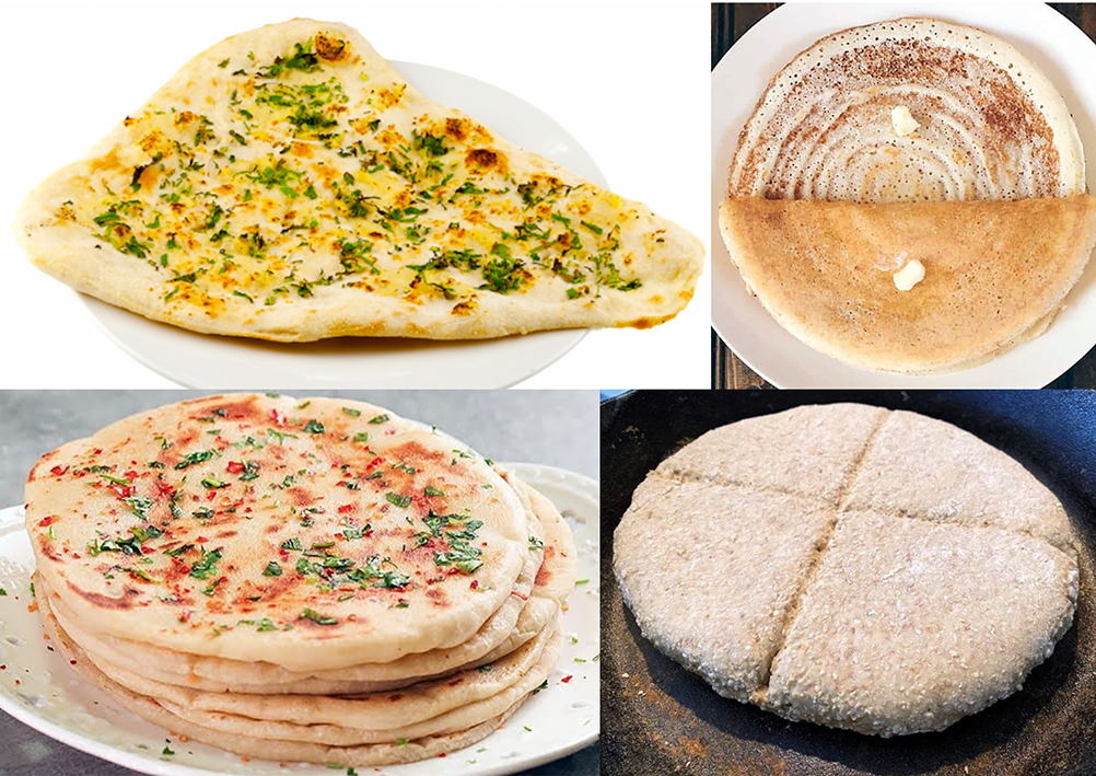 Fllatbreads: naan, dosa, Turkish pita, Scottich bannock.