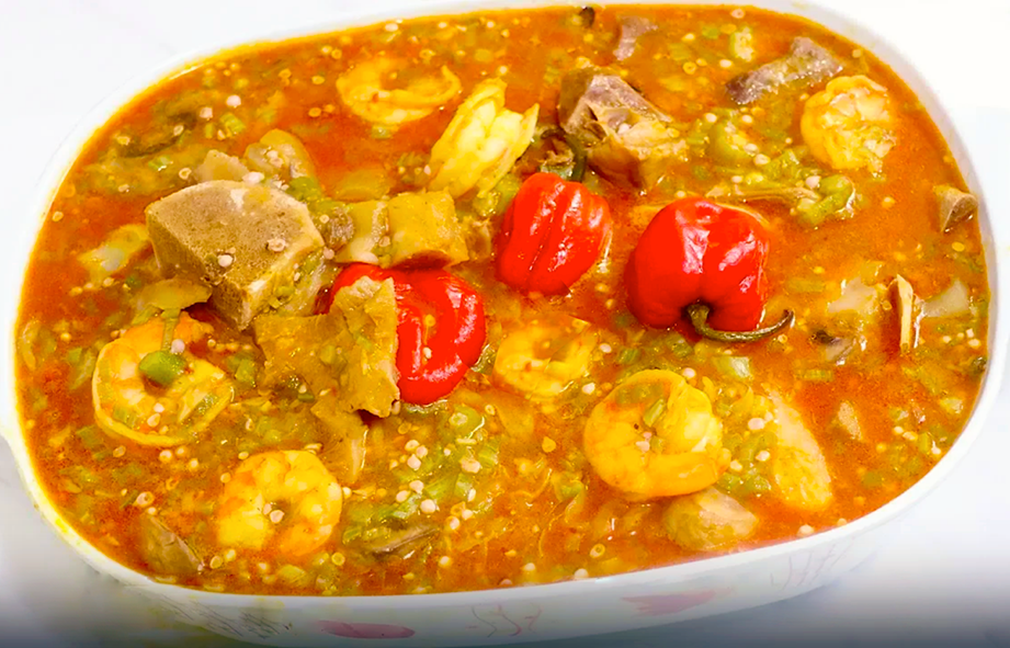 stew of okra, meat and prawns served topped with whole habanero chillies