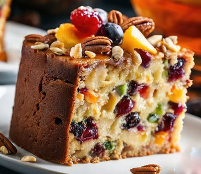 slice of glace fruit triem cake served topped with nuts and glace fruit</alt