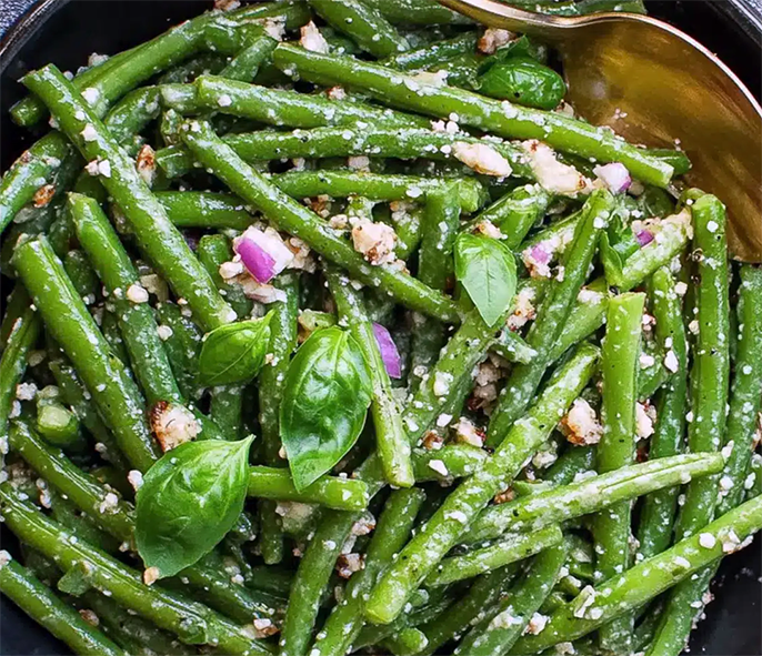 green bean and basil salad in a bowl