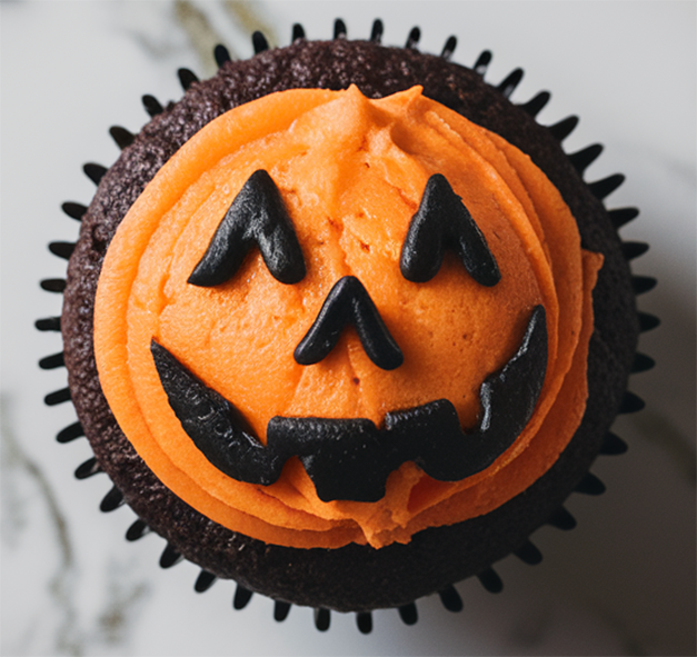 pumpkin cupcake with jack-o-lantern icing decoration