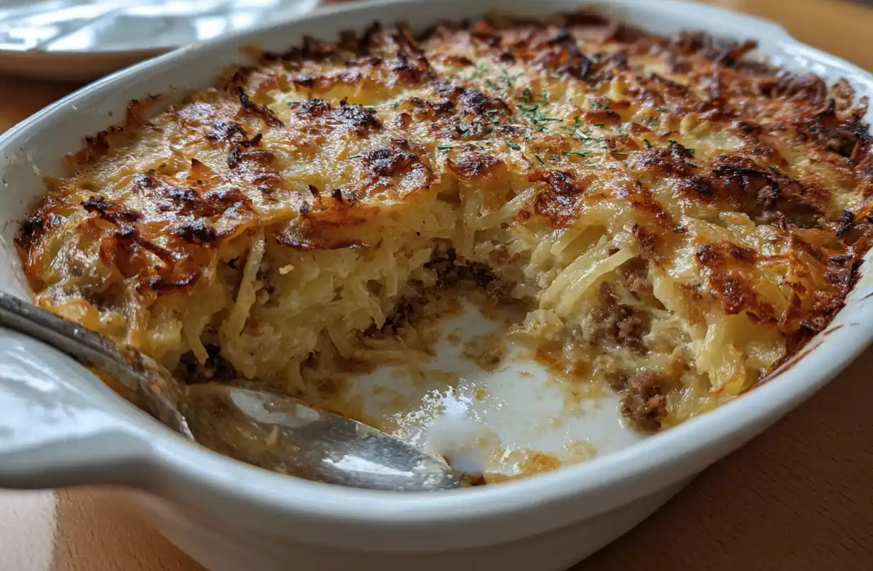 layered dish of Janssons temptation in a baking dish with a square removed to reveal the layering