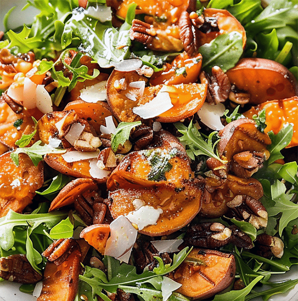 salad of sweet potatoes, tomato and onion on a bed of small salad leaves