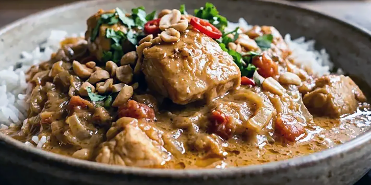 mauritanian chicken maffe in a bowl over a bed of rice