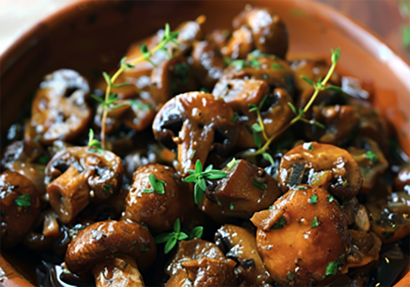 button mushrooms in a red wine sauce served in an earthenware bowl with thyme