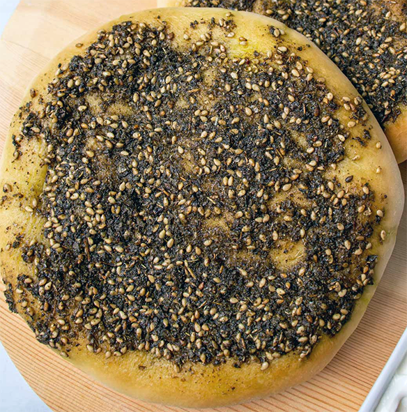 Maouchi b'Zaatar, Lebanese round bread topped with Zaatar spice blend