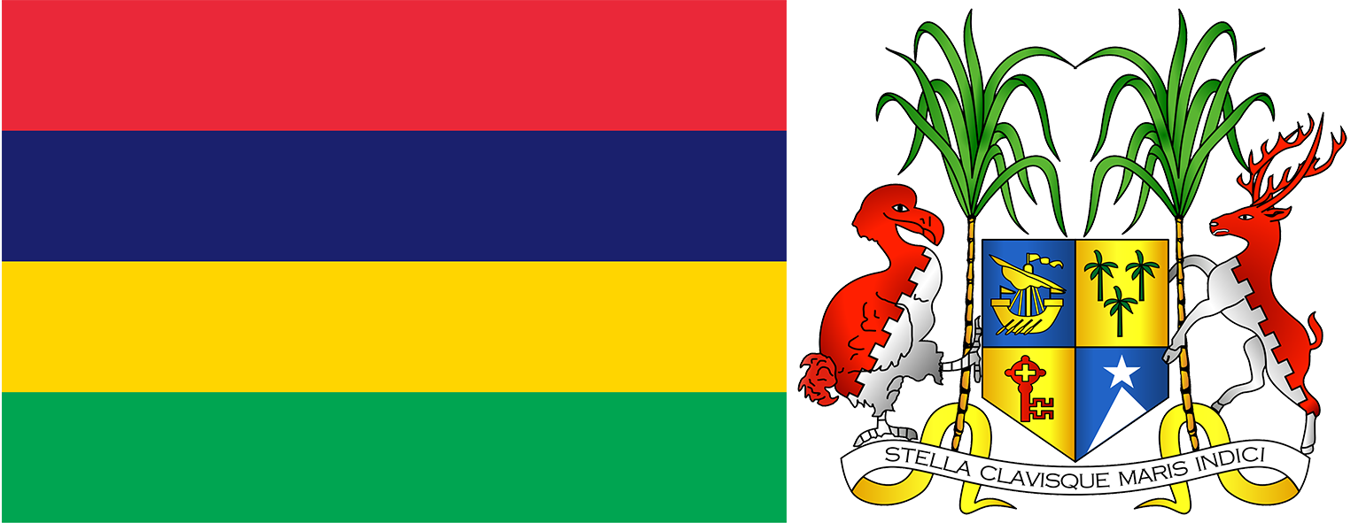 The flag and coat of arms of Mauritius.
