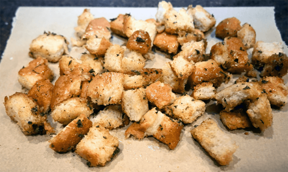 Microwave croutons on a sheet of kitchen paper