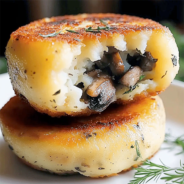 two mushroom-stuffed potato cakes stacked over each other with the top one opened to reveal the mushroom filling; served garnished with dill